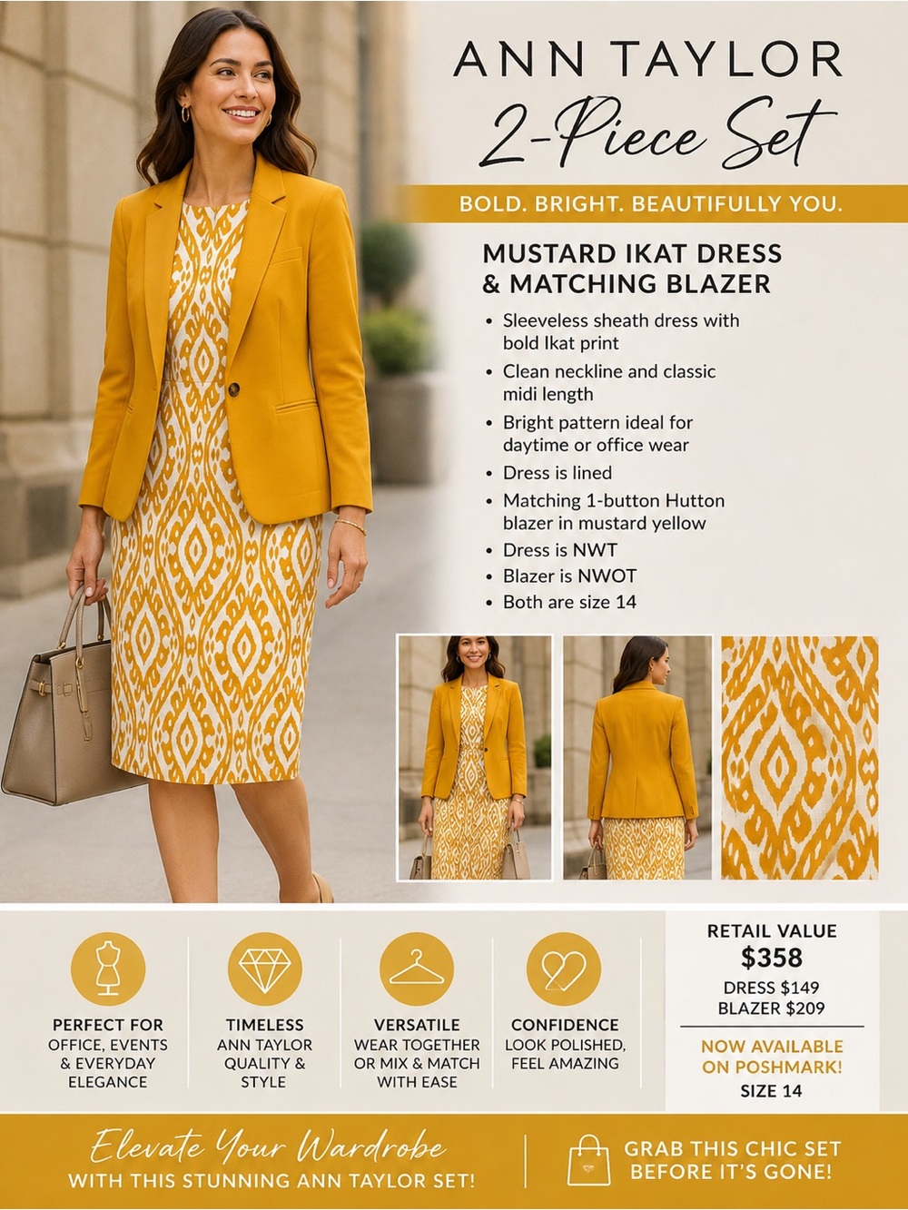 Ann Taylor 2 Piece Mustard Yellow Ikat Sheath Dress and Hutton Blazer NWT & NWOT